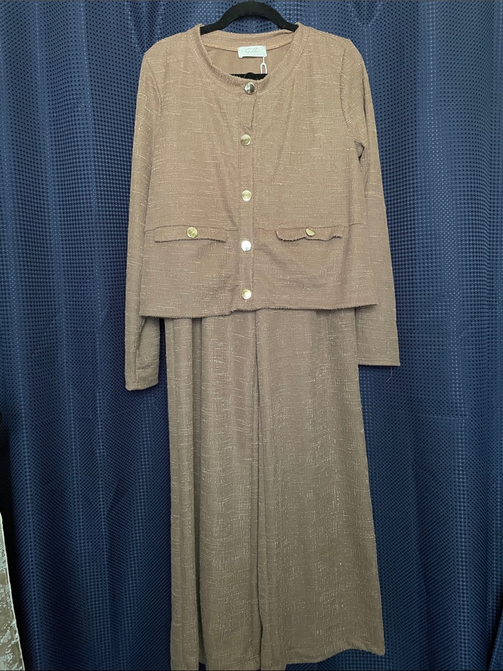Gilli Brown Tweed Two-Piece Pantsuit with Gold Buttons